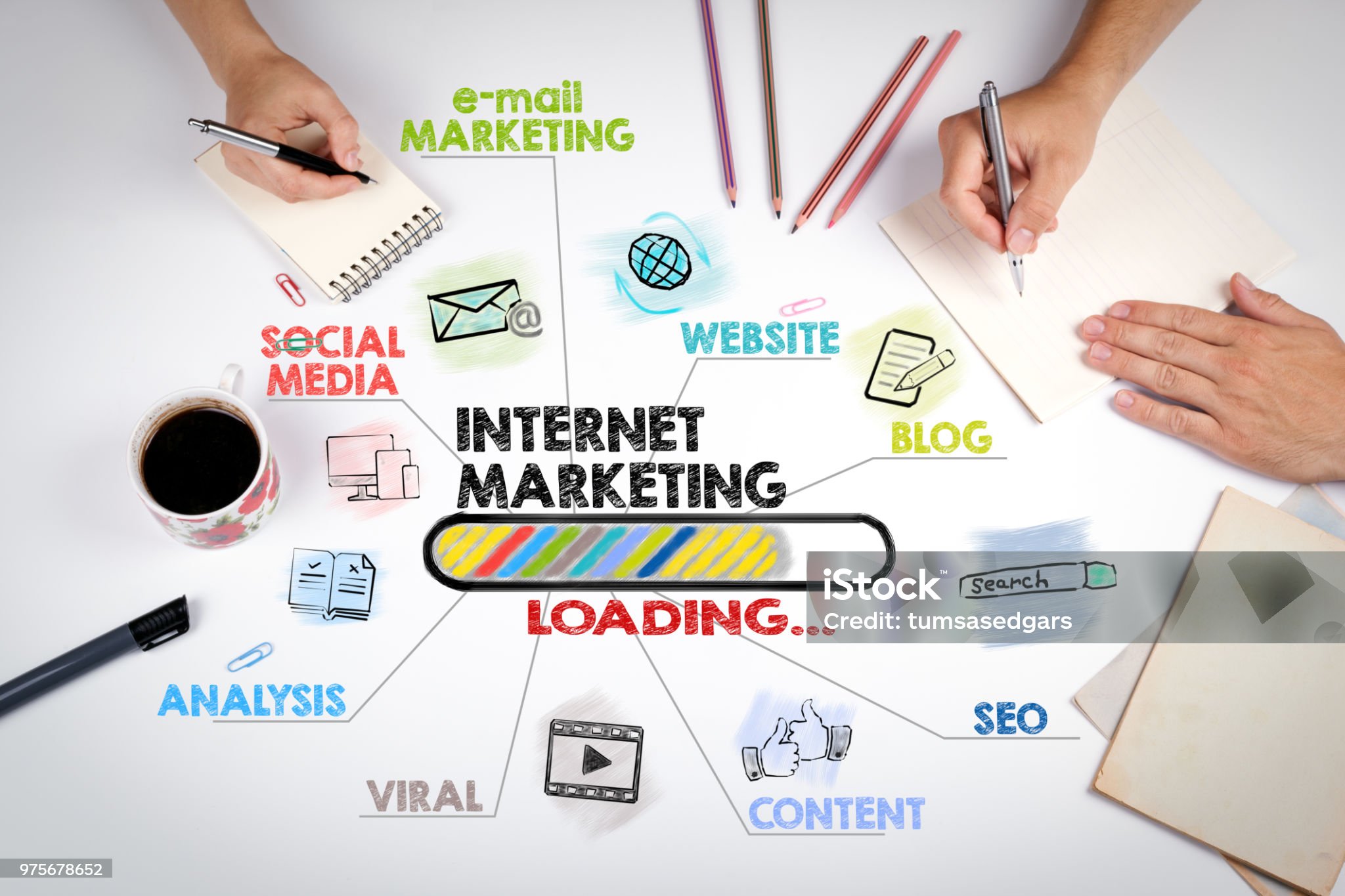 internet marketing, technology and advertising concept. Chart with keywords and icons. The meeting at the white office table